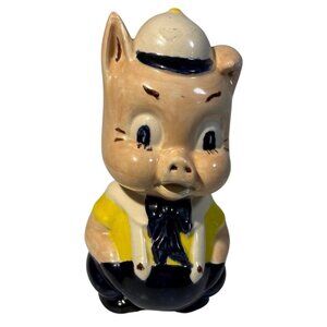 Porky Pig Ceramic Pig Figure Yellow Shirt Navy Pants 4" Tall Hand Painted Kitchy